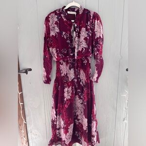 Bishop + Young NWT Cameo Burgundy Floral Long Sleeve Midi Dress MEDIUM